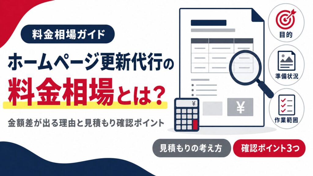 ホームページ更新代行の料金相場と見積もり確認ポイントを示すアイキャッチ画像