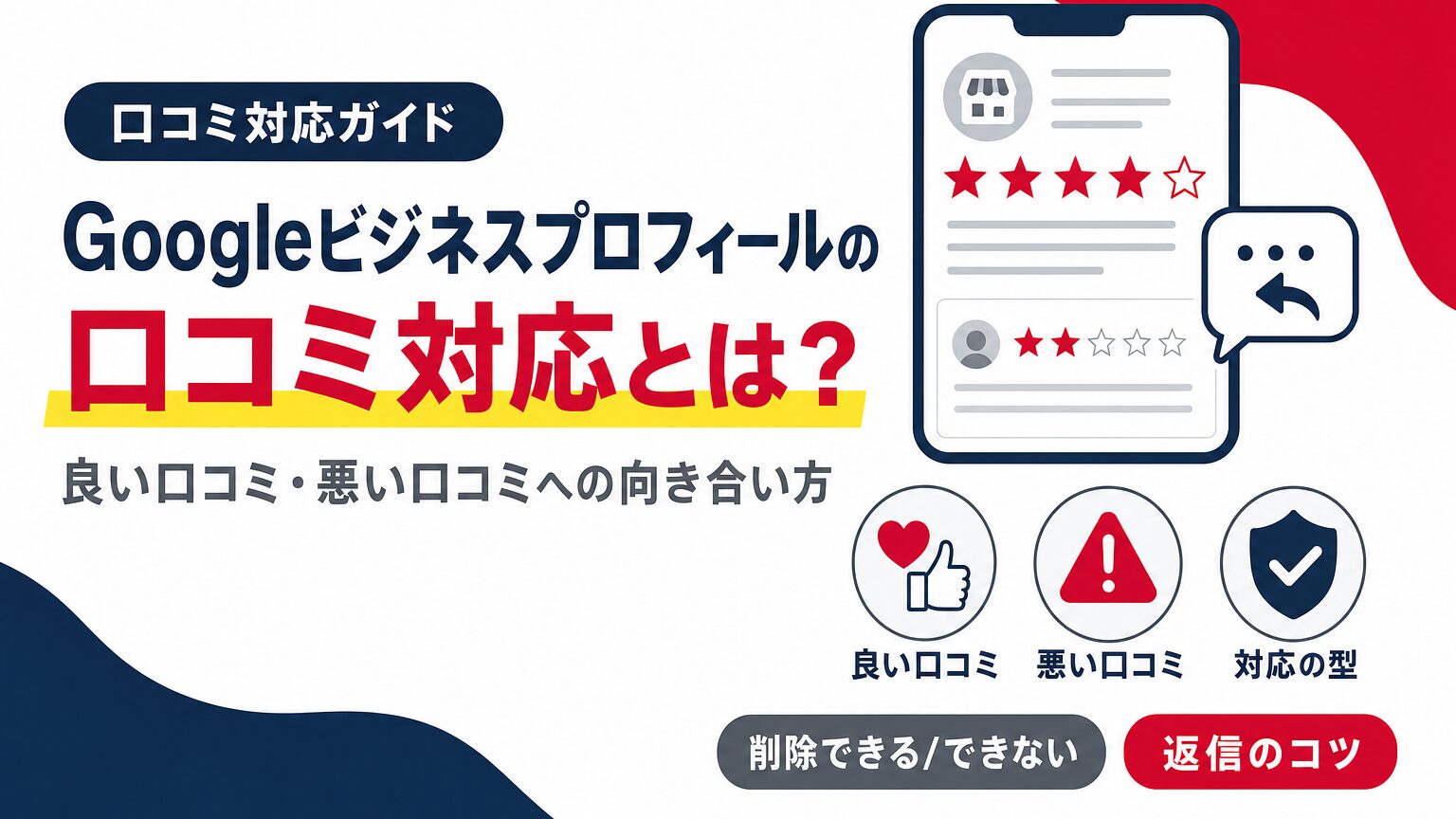 Googleビジネスプロフィールの口コミ対応（良い口コミ・悪い口コミへの向き合い方）を示すアイキャッチ画像