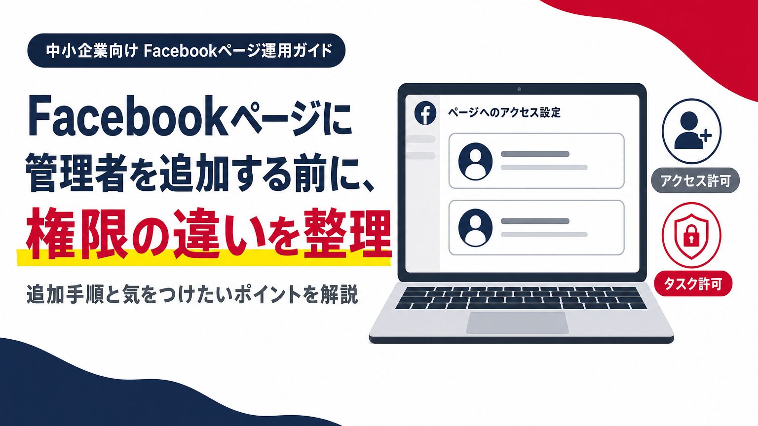 Facebookページに管理者を追加する前に、アクセス許可とタスクアクセスの違いを整理することを示すアイキャッチ画像