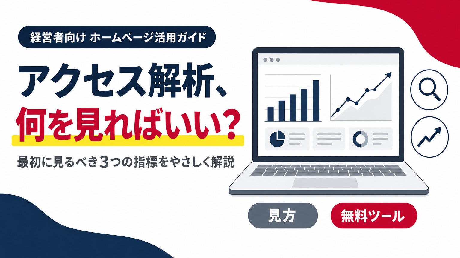 ホームページのアクセス解析で何を見ればいいか、経営者が最初に見るべき指標を示すアイキャッチ画像