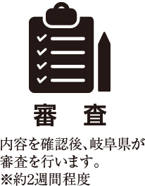 ［審査］内容を確認後、岐阜県が審査を行います。※約2週間程度