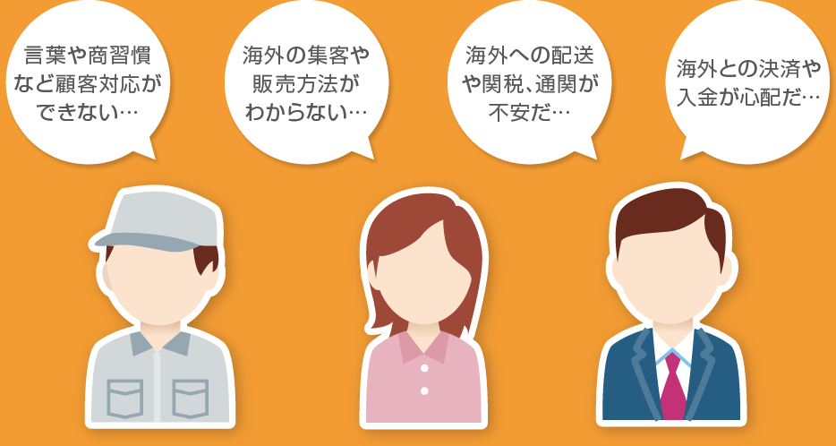 「言葉や商習慣など顧客対応ができない…」「海外の集客や販売方法がわからない…」「海外への配送や関税、通関が不安だ…」「海外との決済や入金が心配だ…」