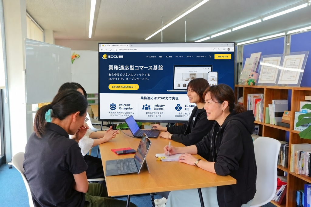 当社スタッフの打合せ風景(背景ディスプレイにはECCUBE公式サイトイメージ)