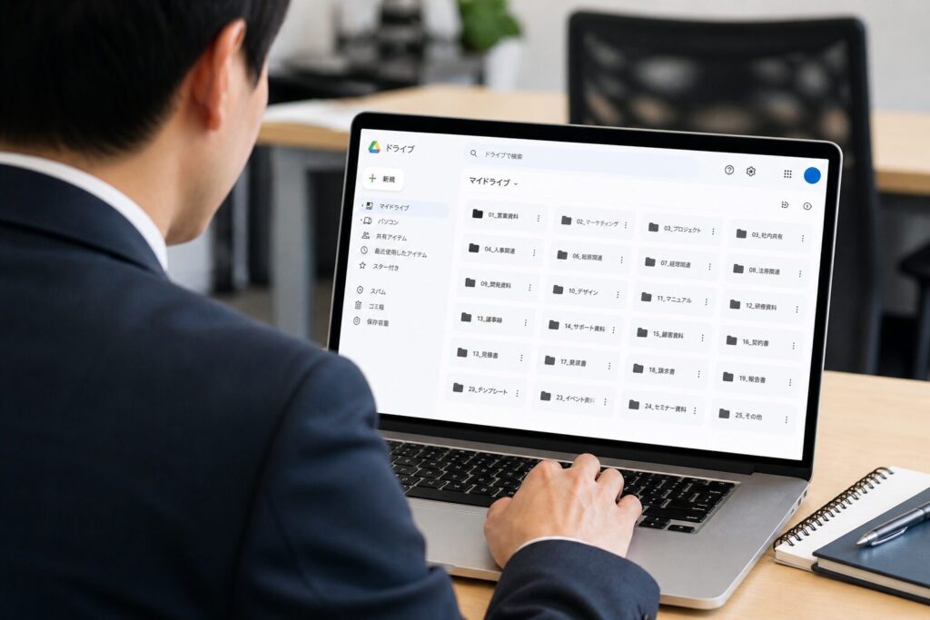 オフィスでGoogleドライブを操作する男性