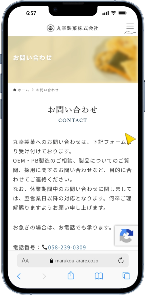 reCAPTCHAを導入した丸幸製菓様のお問い合わせフォームの画面例