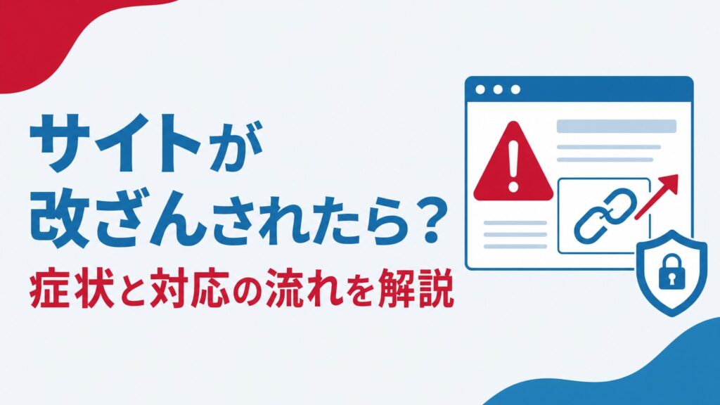 ホームページ改ざん対応のアイキャッチ画像、警告アイコンとリンクのイメージ