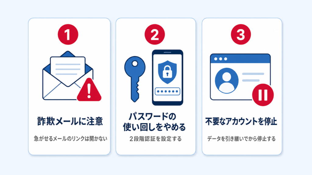 社内で確認したい3つの基本対策（詐欺メールに注意・パスワードの使い回しをやめる・不要なアカウントを停止）の図解